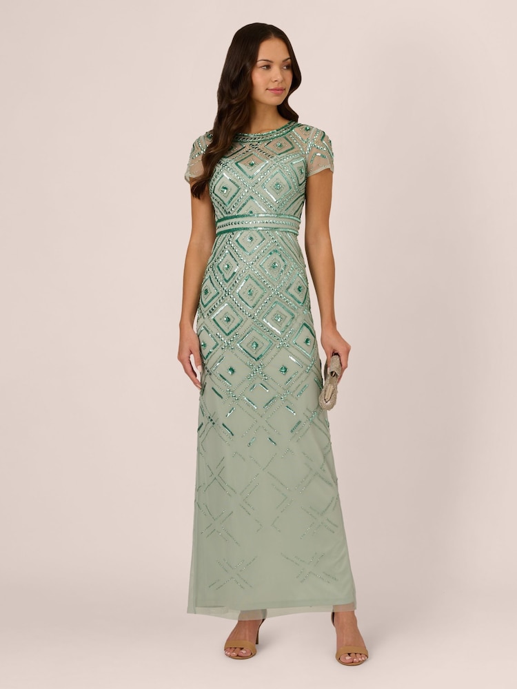 Adrianna Papell Green Beaded Long Column Dress - Image 3 of 7