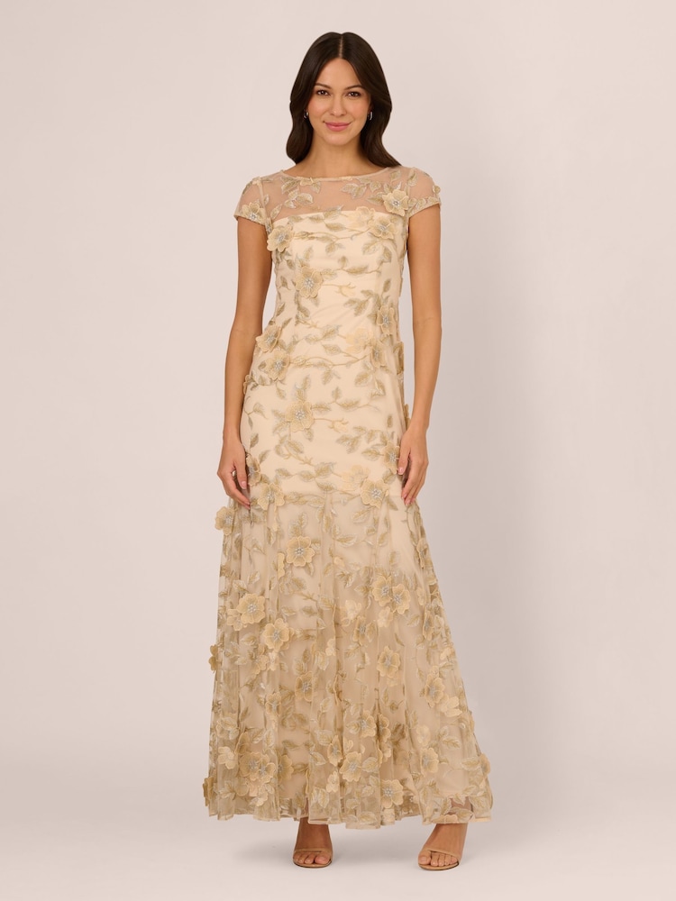 Adrianna Papell Natural Floral Embroidered Godet Gown - Image 1 of 7 Adrianna Papell Natural Floral Embroidered Godet Gown - Image 1 of 7