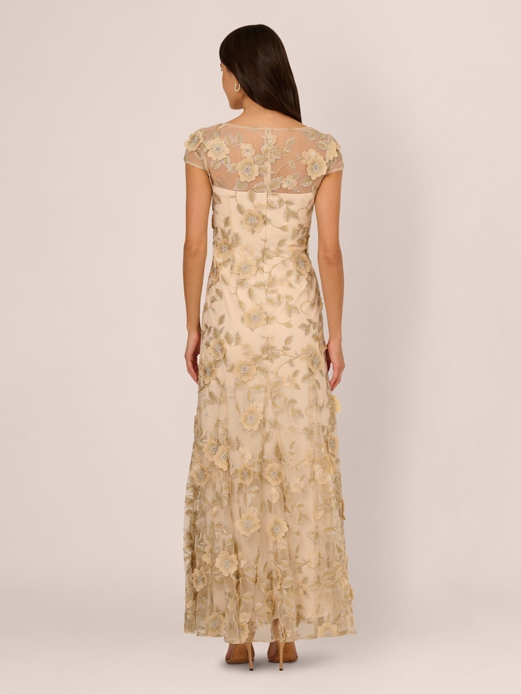 Adrianna Papell Natural Floral Embroidered Godet Gown - Image 2 of 7 Adrianna Papell Natural Floral Embroidered Godet Gown - Image 2 of 7