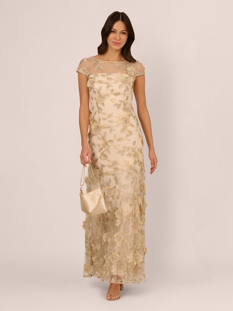 Adrianna Papell Natural Floral Embroidered Godet Gown - Image 3 of 7