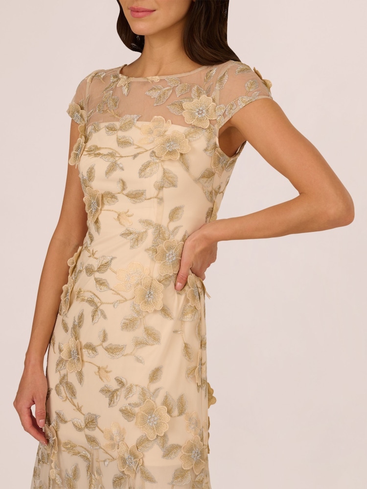 Adrianna Papell Natural Floral Embroidered Godet Gown - Image 4 of 7