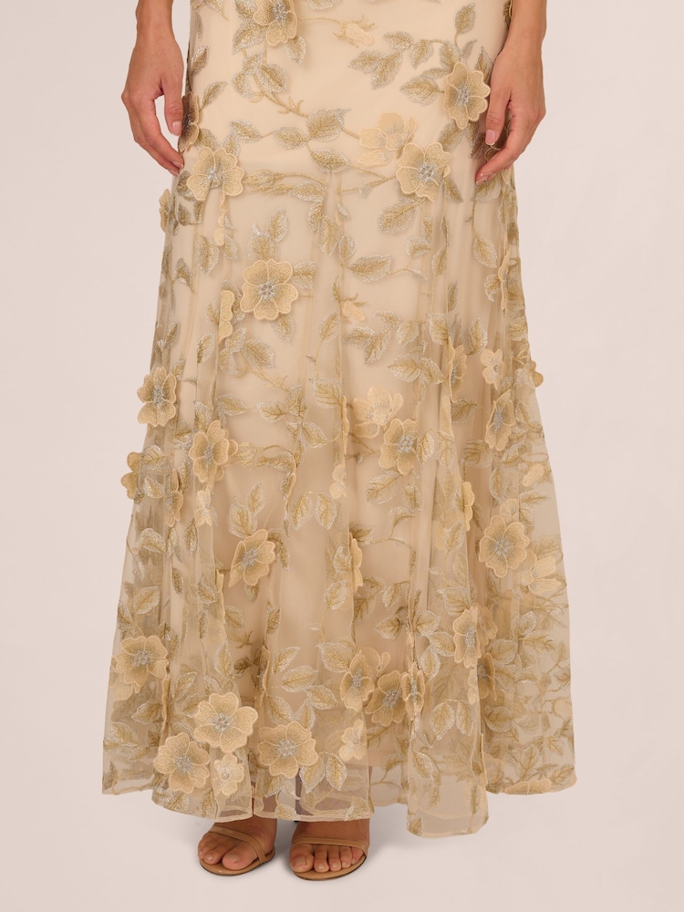 Adrianna Papell Natural Floral Embroidered Godet Gown - Image 5 of 7