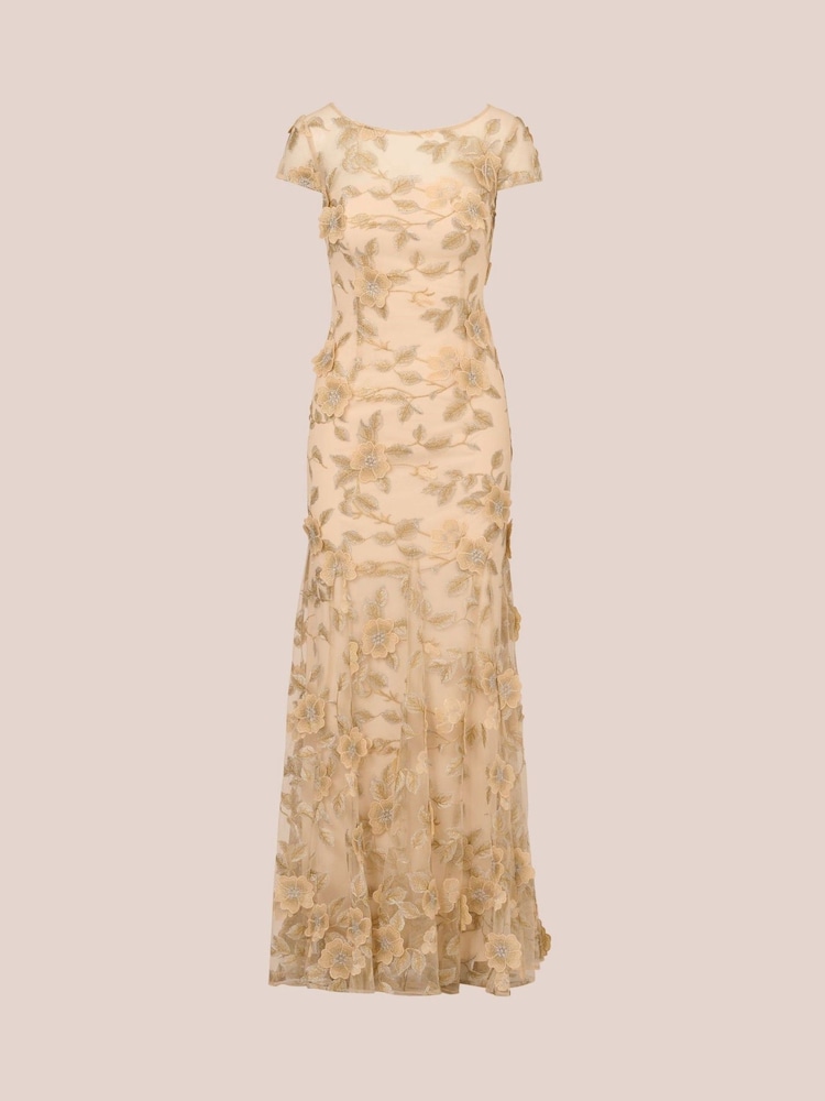 Adrianna Papell Natural Floral Embroidered Godet Gown - Image 6 of 7