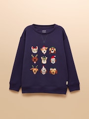 Joules Girls' Mackenzie Navy Blue Embroidered Artwork Sweatshirt With Faux Faur Lining - Image 1 of 4