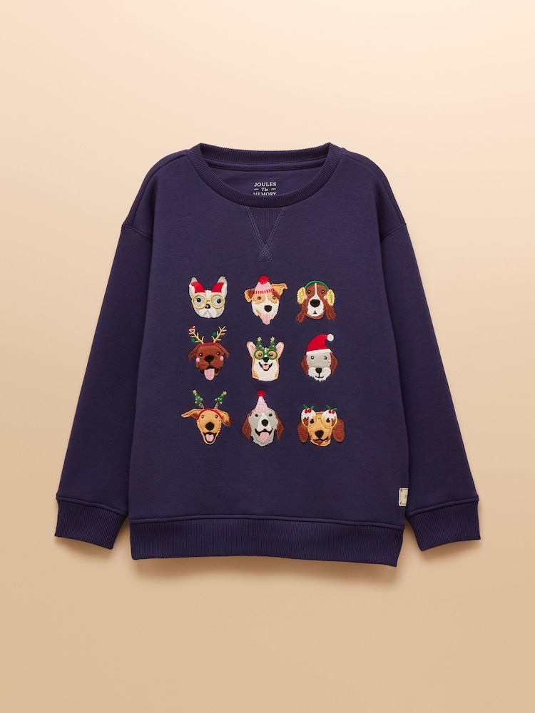 Joules Girls' Mackenzie Navy Blue Embroidered Artwork Sweatshirt With Faux Faur Lining - Image 1 of 4