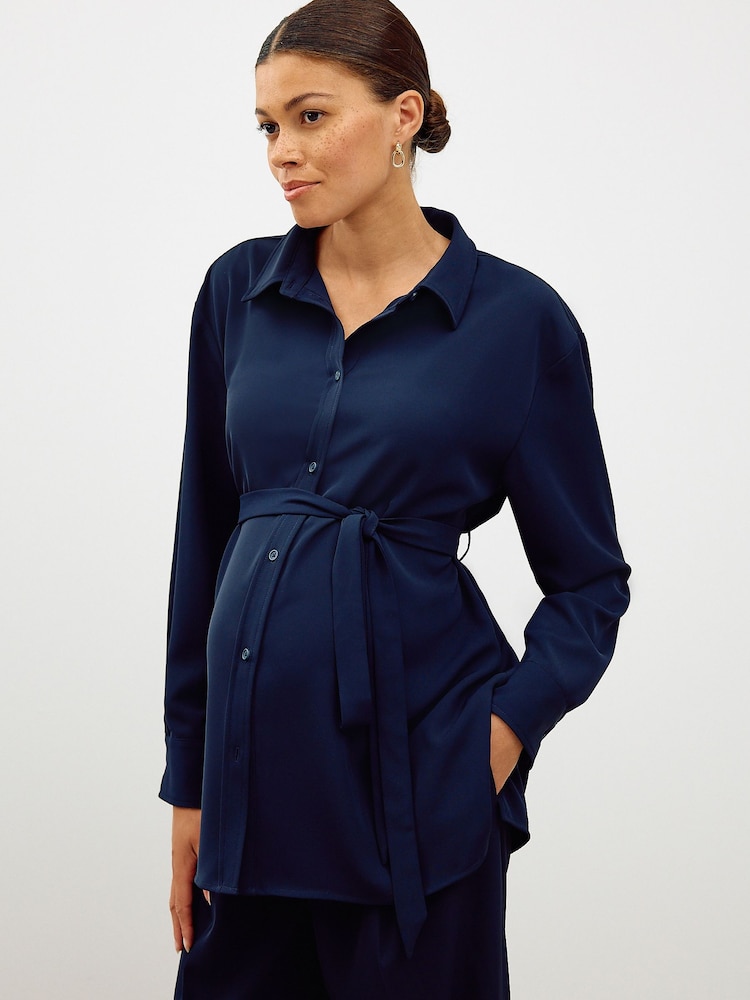 Navy Maternity Belted Shirt - Image 1 of 8