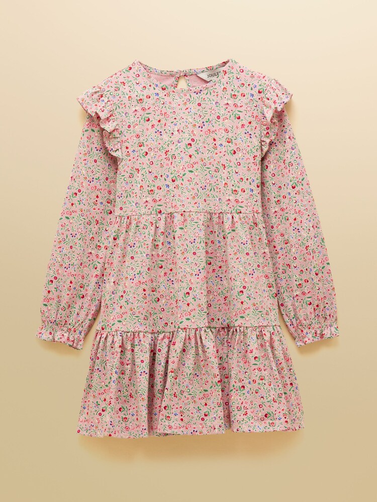 Joules Girls' Evie Pink Long Sleeve Tiered Jersey Dress - Image 1 of 5