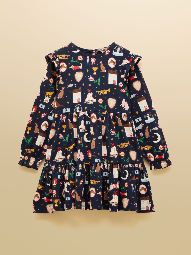 Joules Girls' Evie Navy Long Sleeve Tiered Jersey Dress - Image 1 of 5