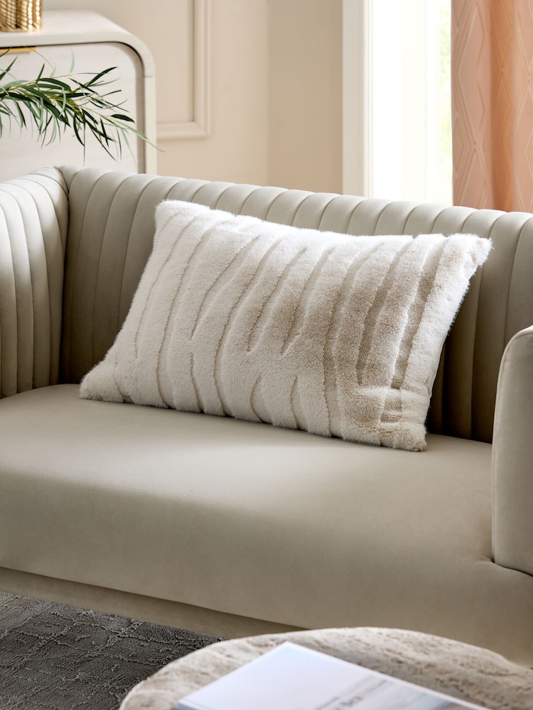 Ivory 40 x 59cm Tiger Cut Faux Fur Cushion - Image 1 of 5 Ivory 40 x 59cm Tiger Cut Faux Fur Cushion - Image 1 of 5