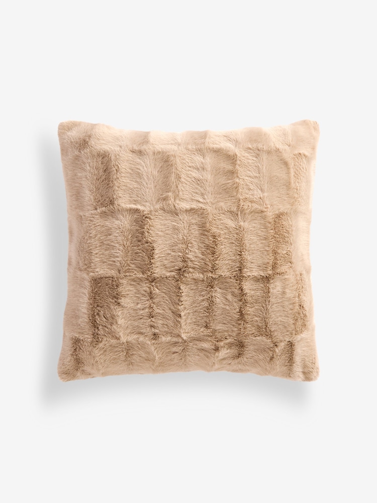 Natural Textured Faux Fur Check Cushion - Image 1 of 3