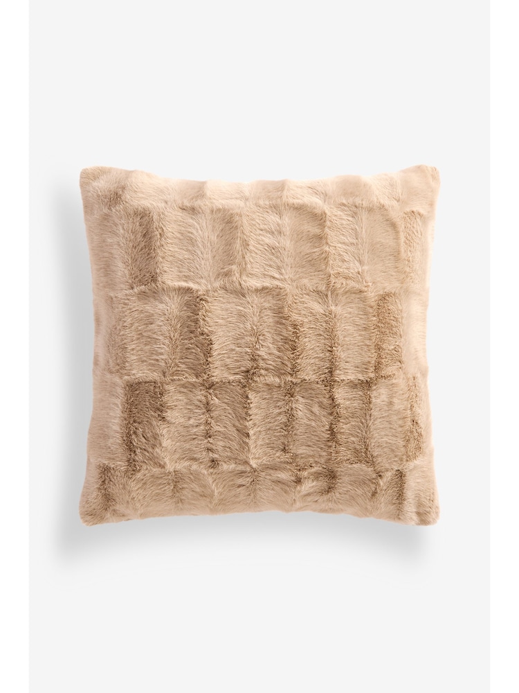 Natural Textured Faux Fur Check Cushion - Image 2 of 6