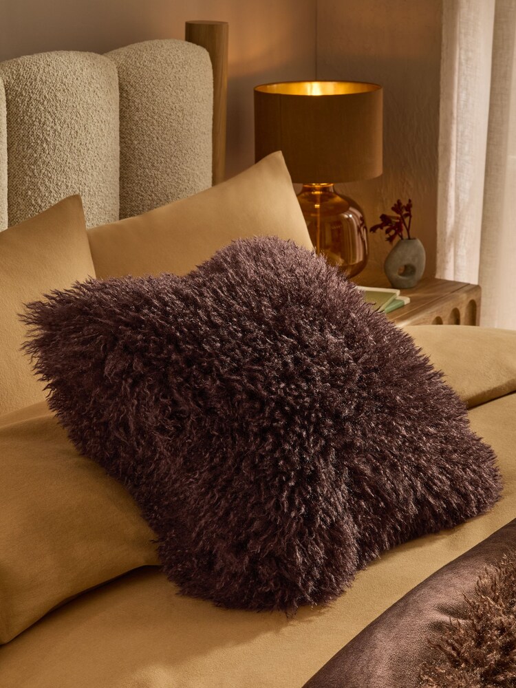 Brown 43 x 43cm Mongolian Faux Fur Cushion - Image 1 of 5