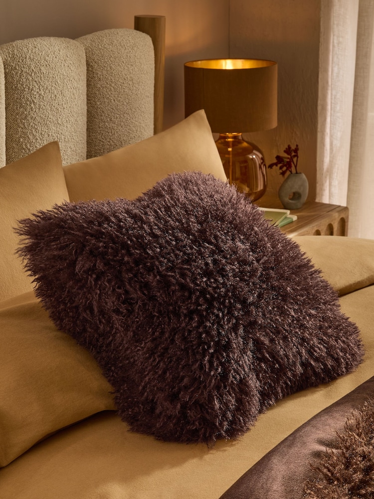 Brown 43 x 43cm Mongolian Faux Fur Cushion - Image 1 of 5 Brown 43 x 43cm Mongolian Faux Fur Cushion - Image 1 of 5