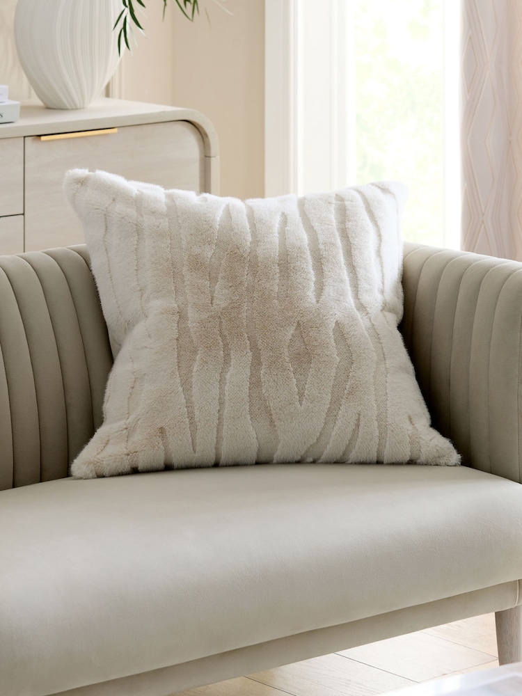 Ivory 59 x 59cm Tiger Cut Faux Fur Cushion - Image 1 of 5 Ivory 59 x 59cm Tiger Cut Faux Fur Cushion - Image 1 of 5