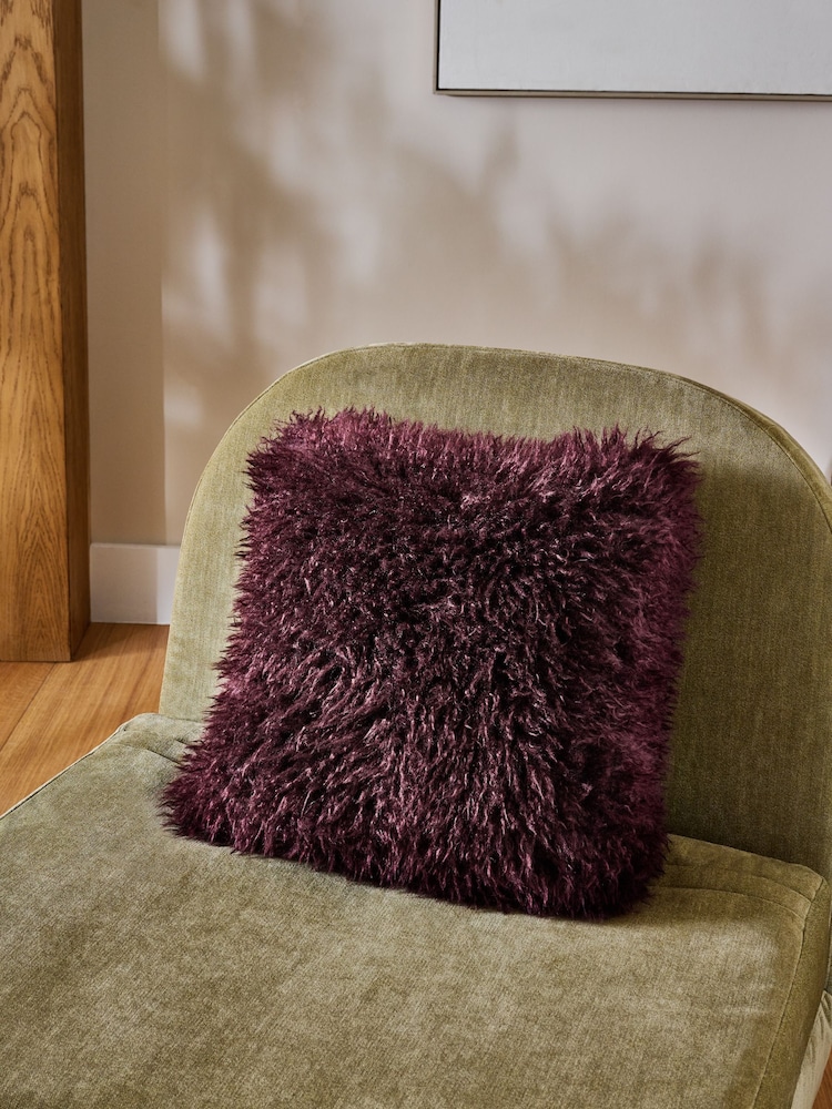 Plum Purple 43 x 43cm Mongolian Faux Fur Cushion - Image 1 of 5 Plum Purple 43 x 43cm Mongolian Faux Fur Cushion - Image 1 of 5