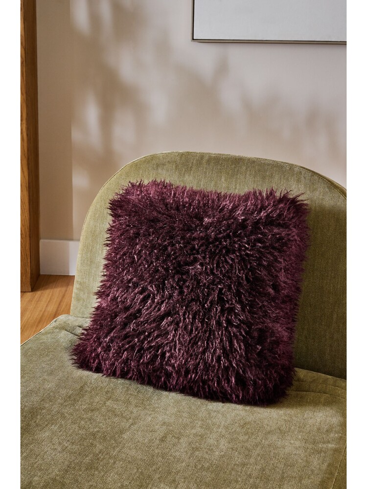 Plum Purple 43 x 43cm Mongolian Faux Fur Cushion - Image 5 of 5
