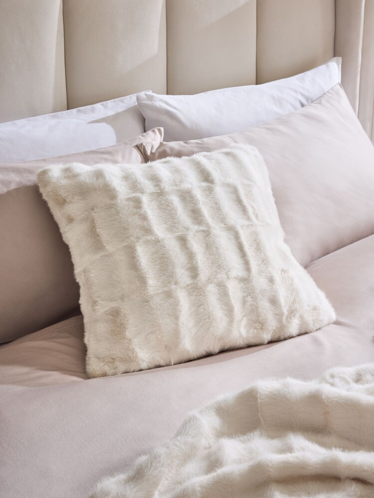 Ivory Textured Faux Fur Check Cushion - Image 1 of 4