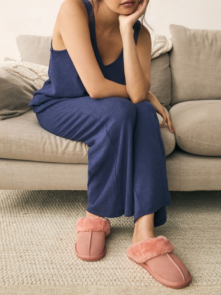 Peach Pink Suede Faux Fur Lined Mule Slippers - Image 1 of 9