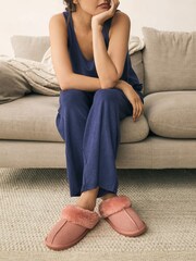 Peach Pink Suede Faux Fur Lined Mule Slippers - Image 2 of 9