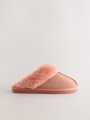 Peach Pink Suede Faux Fur Lined Mule Slippers - Image 6 of 9