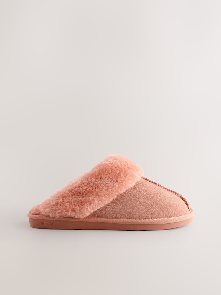 Buy Peach Pink Suede Faux Fur Lined Mule Slippers from Next Indonesia - Main Image