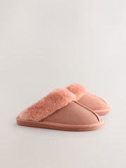 Peach Pink Suede Faux Fur Lined Mule Slippers - Image 7 of 9
