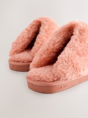 Peach Pink Suede Faux Fur Lined Mule Slippers - Image 8 of 9
