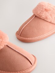 Peach Pink Suede Faux Fur Lined Mule Slippers - Image 9 of 9