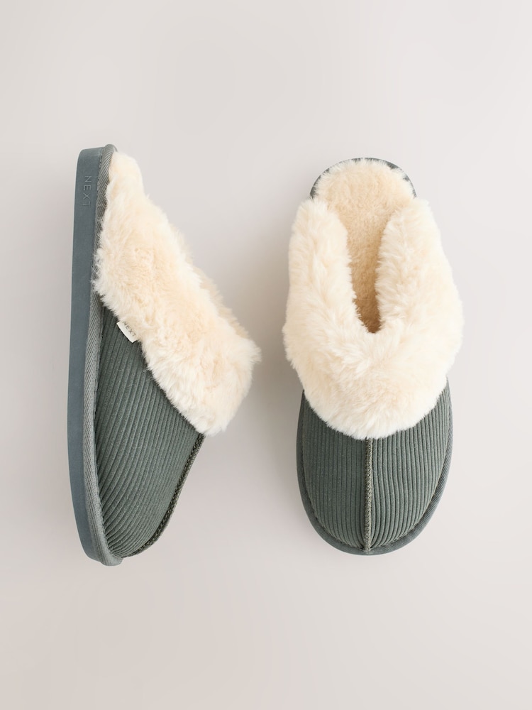 Verde cáqui - Pantuflas Mule Rib com forro de pele sintética e camurça - Imagem 1 de 7
