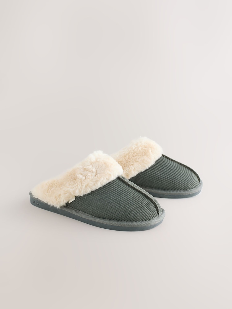Verde cáqui - Pantuflas Mule Rib com forro de pele sintética e camurça - Imagem 2 de 7