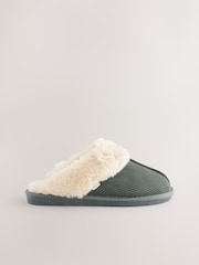 Verde cáqui - Pantuflas Mule Rib com forro de pele sintética e camurça - Imagem 3 de 7
