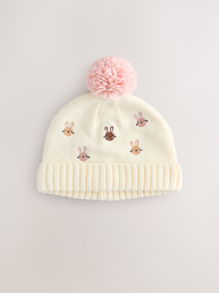 Buy Pink/Cream Embroidered Bunny Character Pom Knitted Hat  display picture 1
