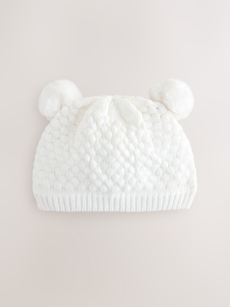 White Baby Double Pom Knitted Hat (0mths-2yrs) - Image 1 of 3