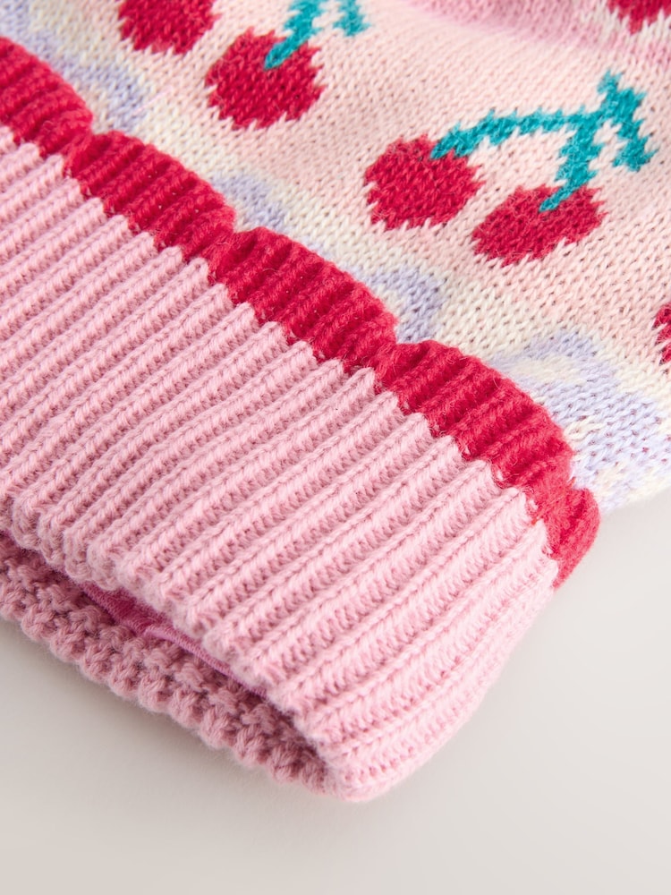 Pink Baby Cherry Fairisle Pattern Knitted Pom Hat (0mths-2yrs) - Image 2 of 3