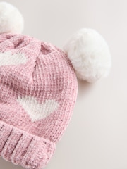 Pink - Baby Heart Print Double Pom Chenillle Knitted Hat (0mths-2yrs) - Bild 2 von 3
