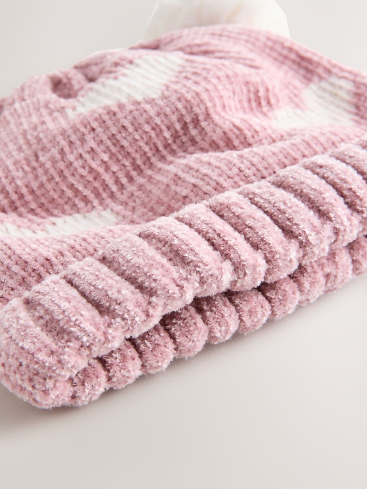 Pink - Baby Heart Print Double Pom Chenillle Knitted Hat (0mths-2yrs) - Bild 3 von 3