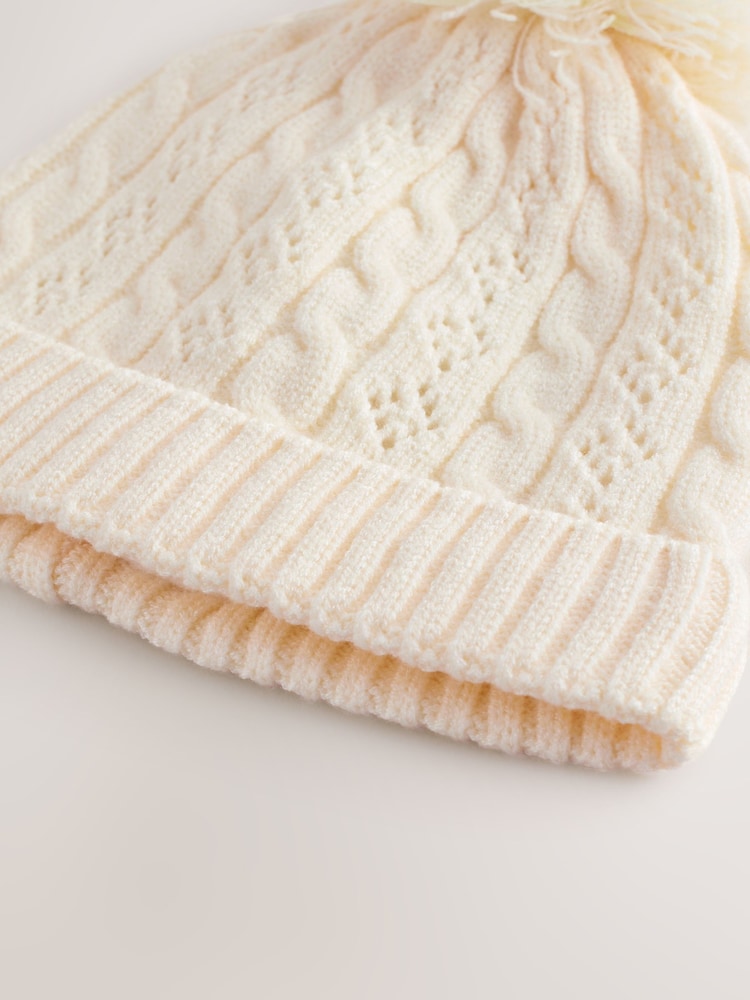 Ecru Pointelle Cable Knitted Pom Hat (0mths-2yrs) - Image 2 of 3 Ecru Pointelle Cable Knitted Pom Hat (0mths-2yrs) - Image 2 of 3