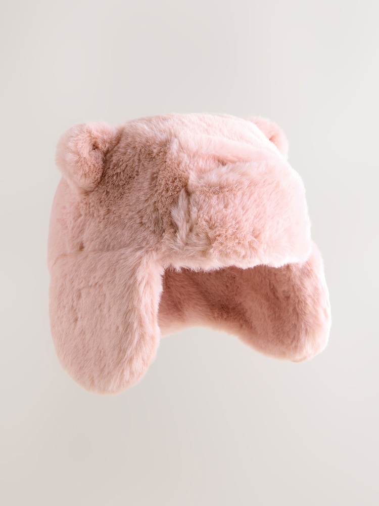 Pink Faux Fur Bear Embroidered Baby Trapper Hat (0mths-2yrs) - Image 1 of 3 Pink Faux Fur Bear Embroidered Baby Trapper Hat (0mths-2yrs) - Image 1 of 3
