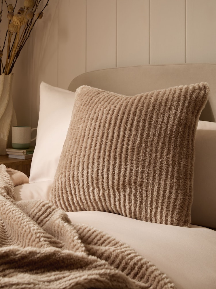 Dark Natural 50 x 50cm Stripe Texture Fleece Cushion - Image 1 of 5