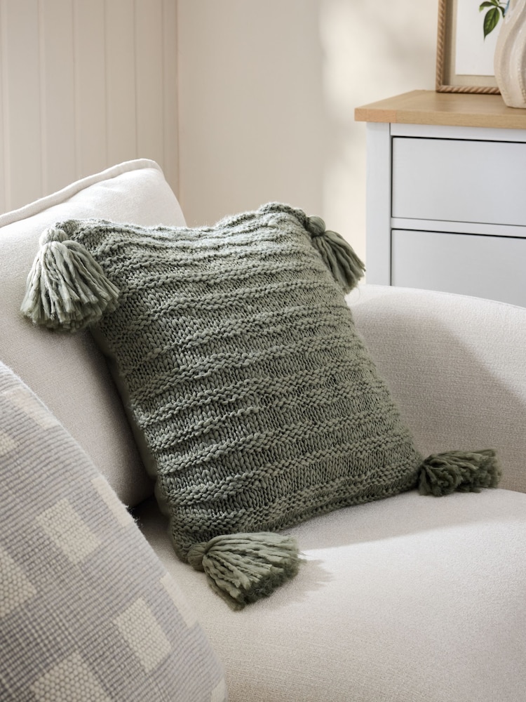 Green 50 x 50cm Tassel Knit Cushion - Image 1 of 6