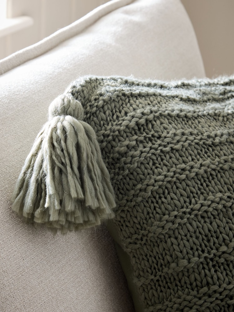 Green 50 x 50cm Tassel Knit Cushion - Image 2 of 6