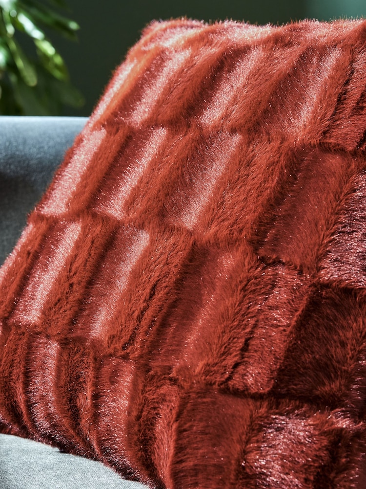 Orange Textured Check Faux Fur Cushion - Image 2 of 5