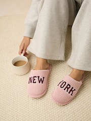 Pink Cord Slogan Mule Slippers - Image 1 of 8