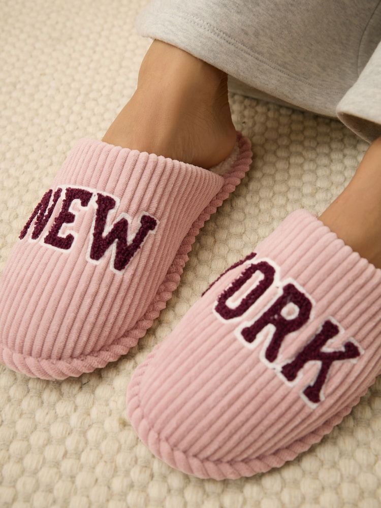 Pink Cord Slogan Mule Slippers - Image 2 of 8