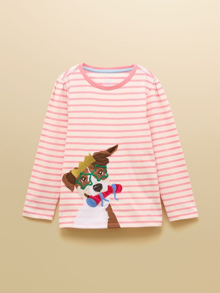 Joules Girls' Ava Pink and Cream Applique Long Sleeve Top - Image 1 of 4