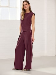 Burgundy Red Elastic Back Wide Leg Trousers With Pink Tipping - Image 1 of 7