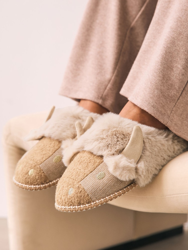 Neutral Hamish Cow 3D Faux Fur Mule Slippers - Image 2 of 7