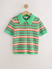 Bright Green Multi Stripe Short Sleeve Knitted Polo Top with Cotton - Image 1 of 3