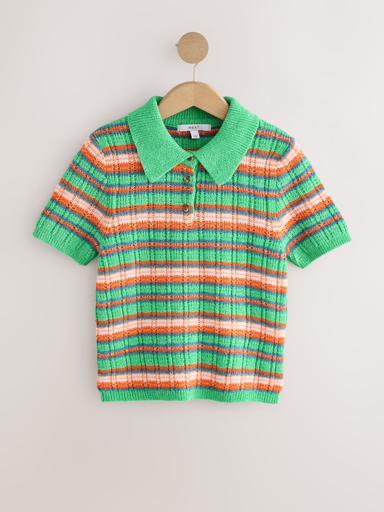Bright Green Multi Stripe Short Sleeve Knitted Polo Top with Cotton - Image 1 of 3