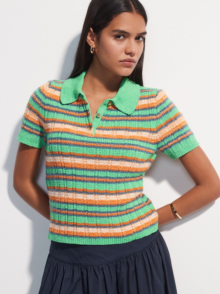 Bright Green Multi Stripe Short Sleeve Knitted Polo Top with Cotton - Image 1 of 8 Bright Green Multi Stripe Short Sleeve Knitted Polo Top with Cotton - Image 1 of 8